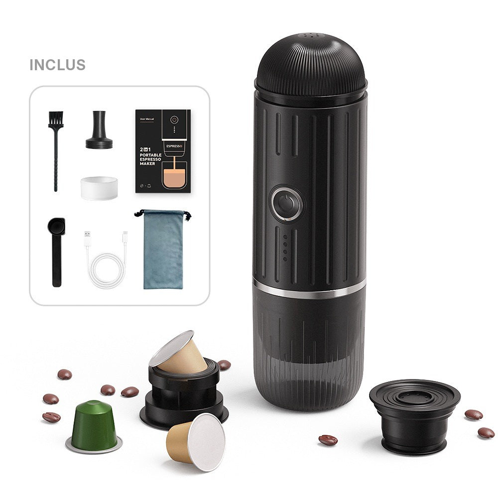 Contenu de la boîte de la VESPRA V1 Noir Minuit : adaptateur à capsules, adaptateur à café moulu, cuillère-tasseur, tasse de voyage, câble USB-C, brosse, pochette et notice