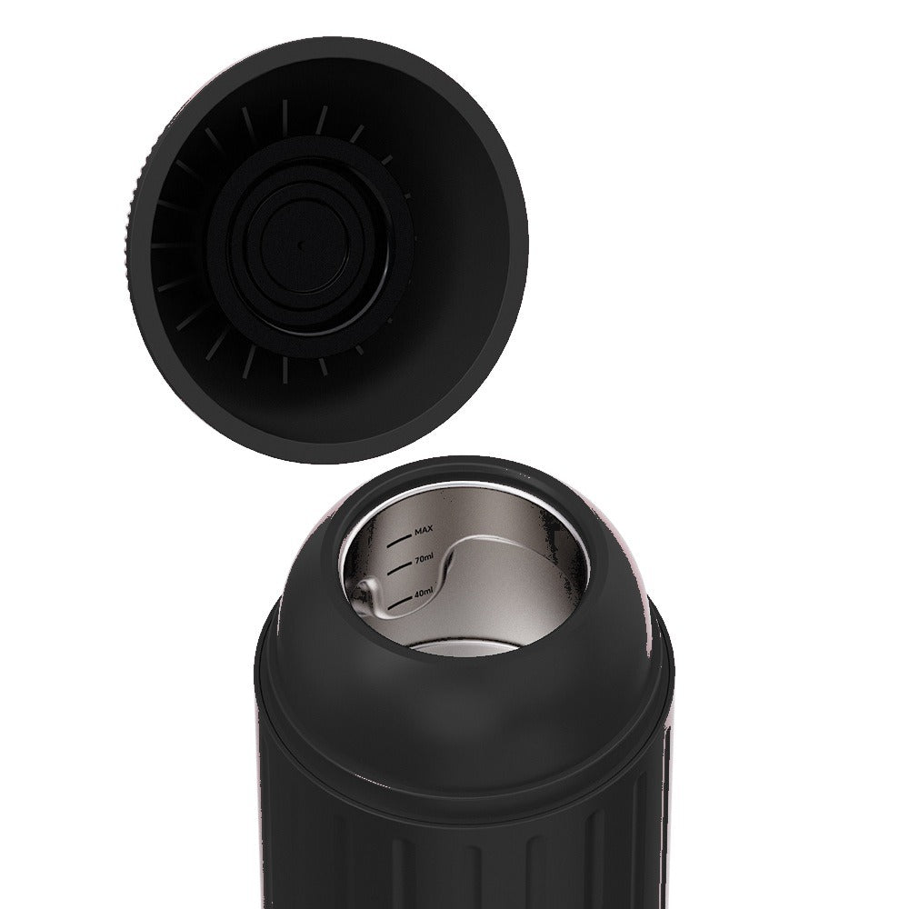 VESPRA V1 Noir Minuit ouverte, réservoir inox de 80 ml avec repères 40, 70 et MAX