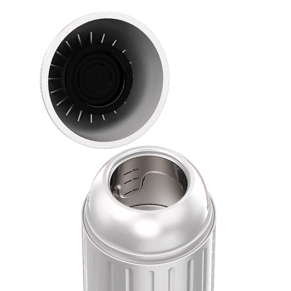 VESPRA V1 Blanc Alpin ouverte, réservoir inox de 80 ml avec repères 40, 70 et MAX