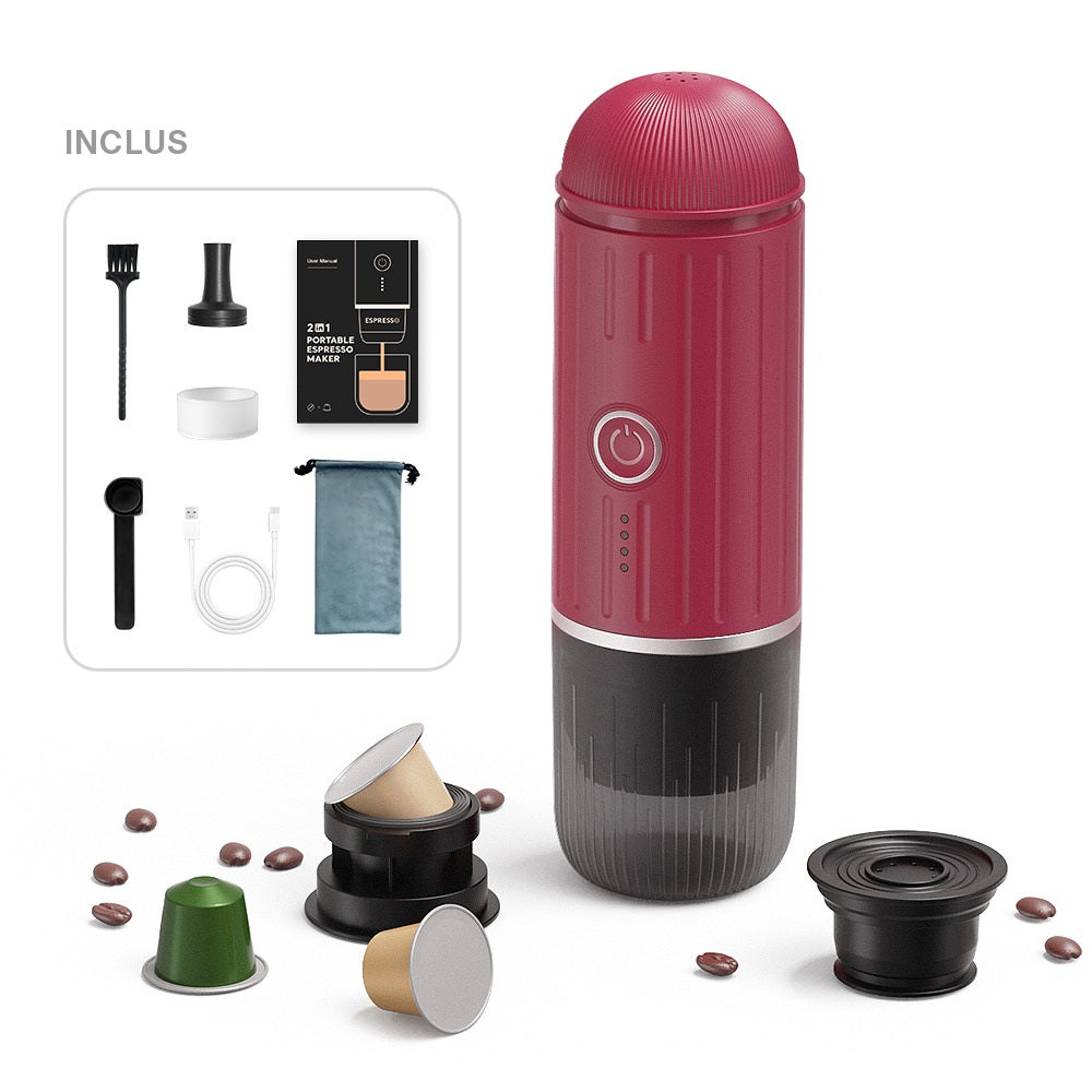 Contenu de la boîte de la VESPRA V1 Rouge Espresso : adaptateur à capsules, adaptateur à café moulu, cuillère-tasseur, tasse de voyage, câble USB-C, brosse, pochette et notice