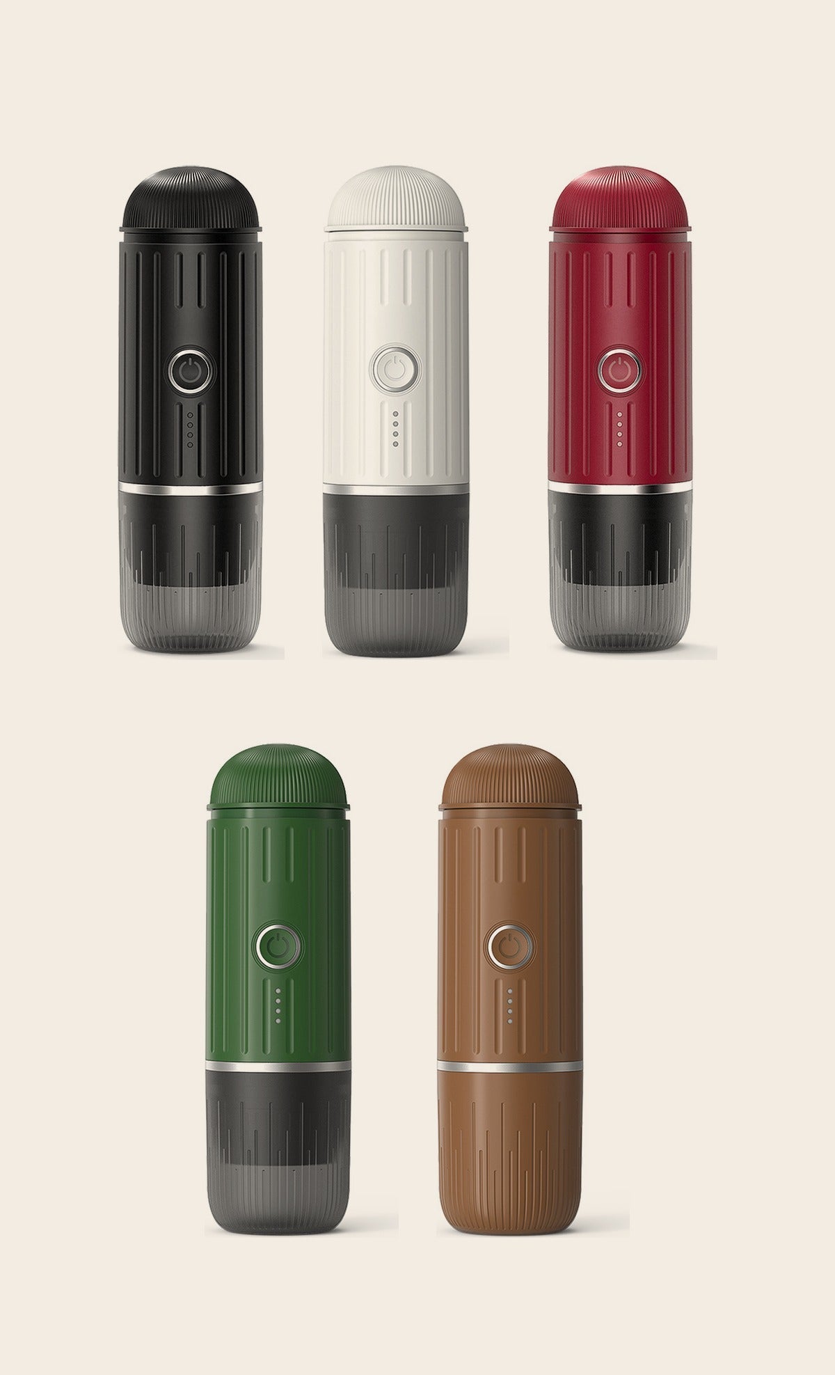 The VESPRA V1 in its five finishes: Midnight Black, Alpine White, Espresso Red, Forest Green and Roasted Brown