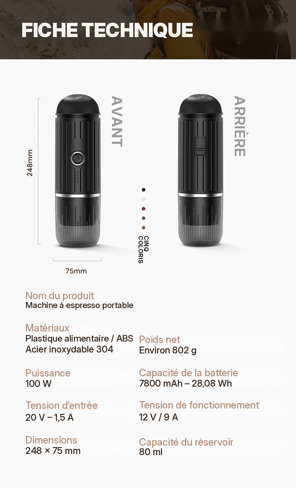 Fiche technique VESPRA V1 : 248 × 75 mm, 802 g, 100 W, 7800 mAh, réservoir 80 ml, cinq coloris