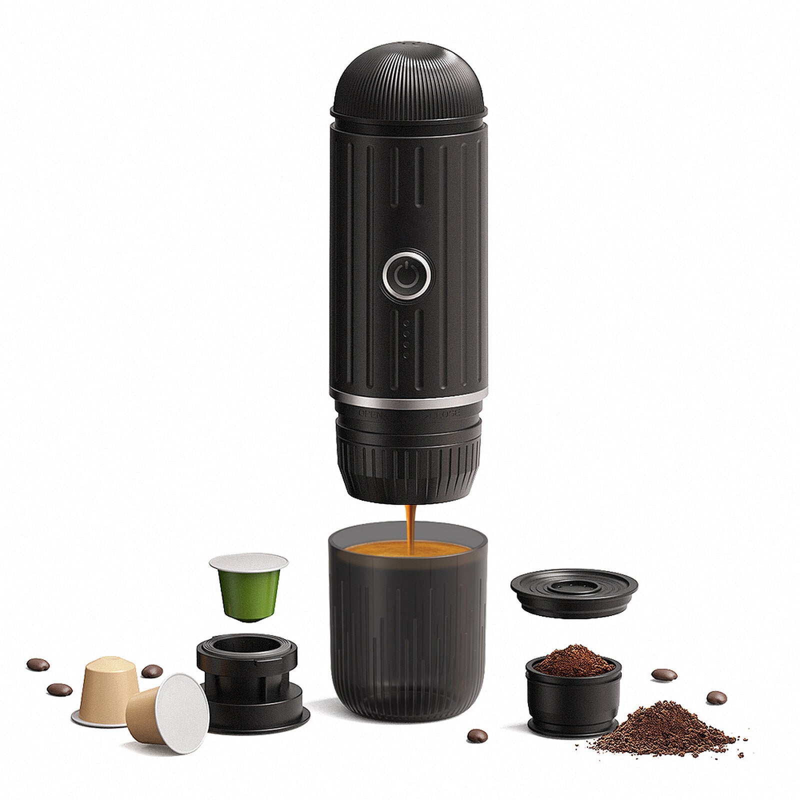 Midnight Black VESPRA V1 brewing espresso with capsule and ground coffee adapters