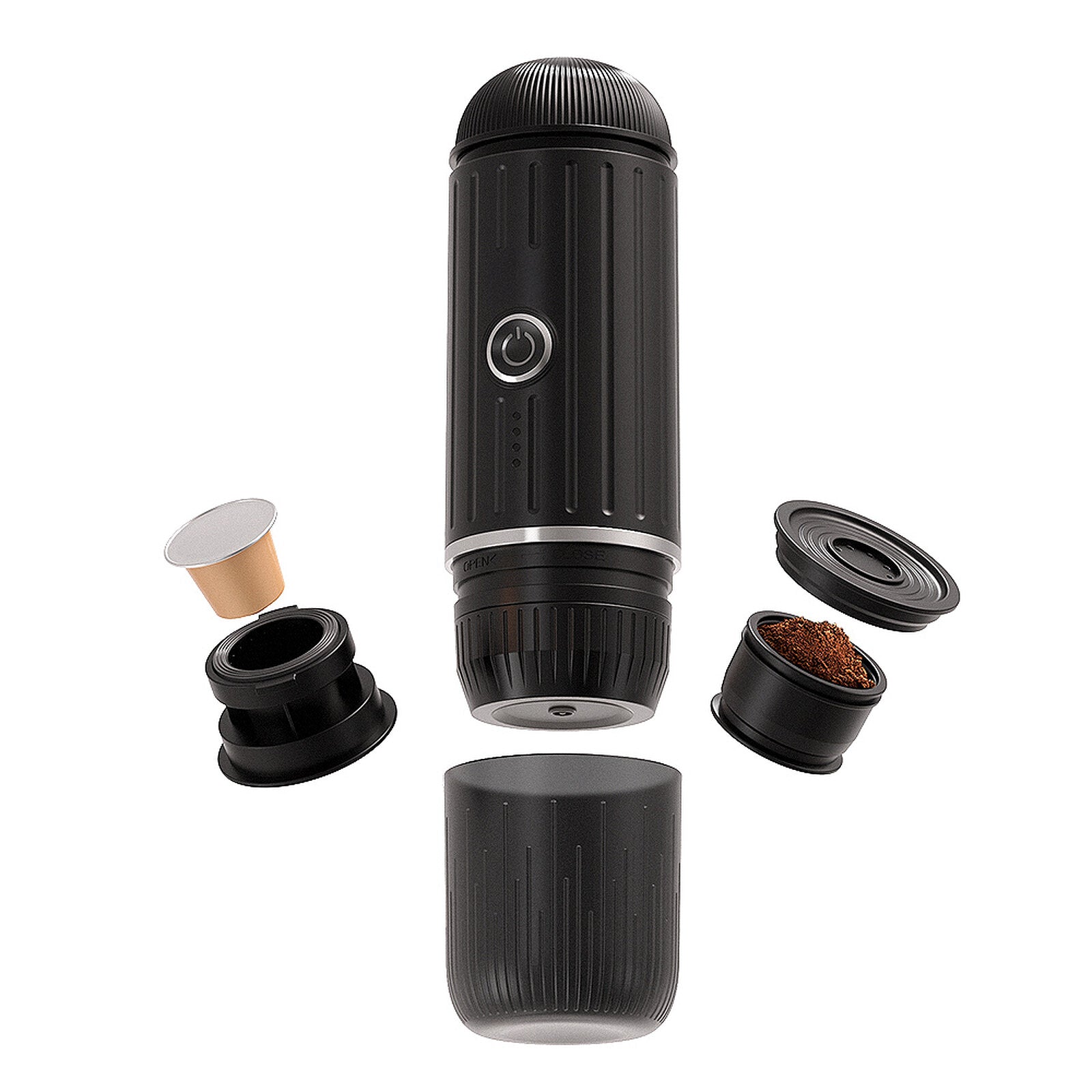 Midnight Black VESPRA V1 disassembled into body, portafilter, adapters and cup