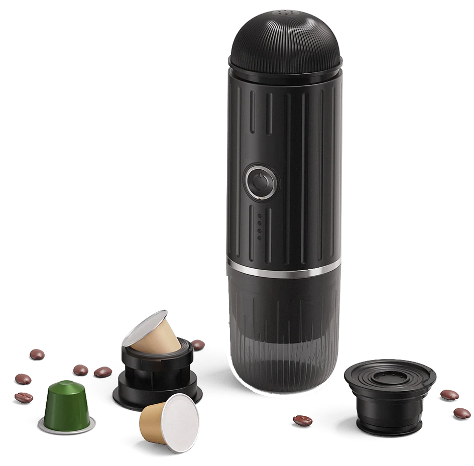 VESPRA V1 Midnight Black with its capsule and ground-coffee adapters (capsules and coffee beans not included)