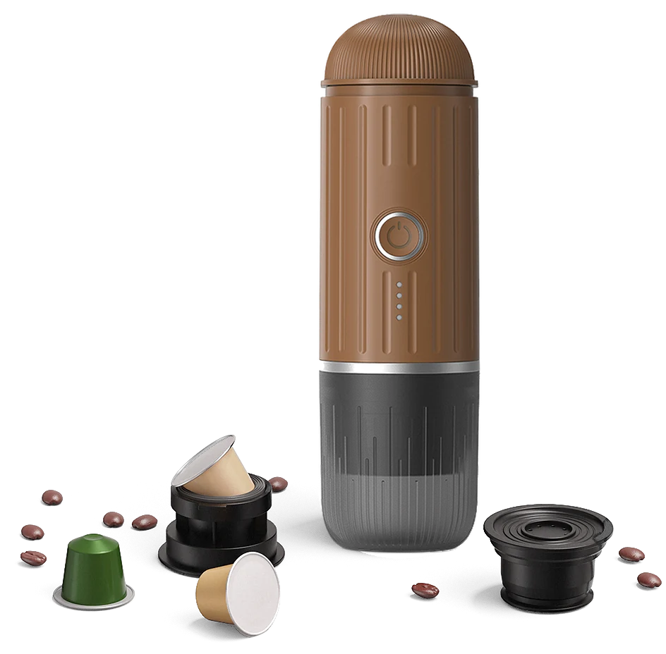 VESPRA V1 Roasted Brown with its capsule and ground-coffee adapters (capsules and coffee beans not included)