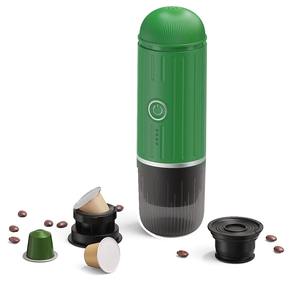 VESPRA V1 Forest Green with its capsule and ground-coffee adapters (capsules and coffee beans not included)