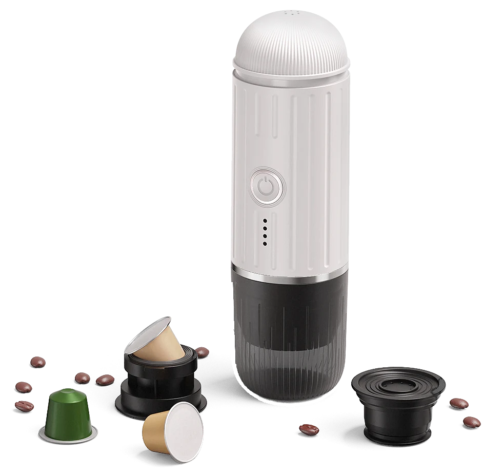 VESPRA V1 Alpine White with its capsule and ground-coffee adapters (capsules and coffee beans not included)